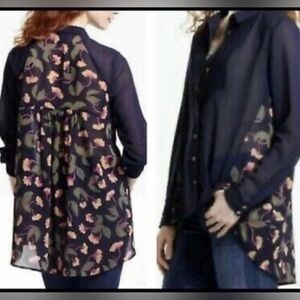 Anthropologie Maeve Ira Tunic Blouse Blue Floral Sheer High Low Tuxedo Size 4